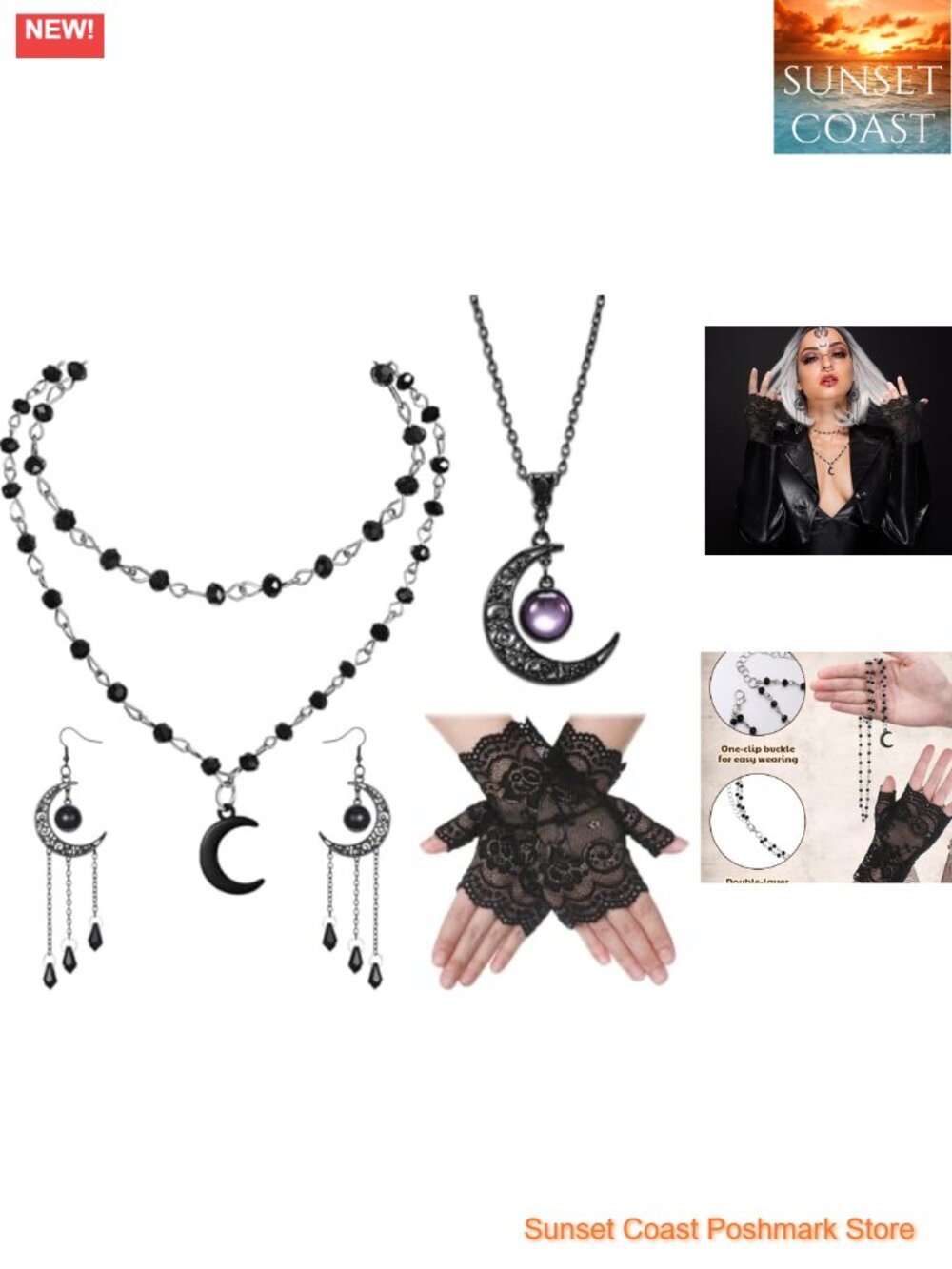 Gothic Moon Jewelry Set 4 Pcs Necklaces Earrings Lace Gloves Witch Costume